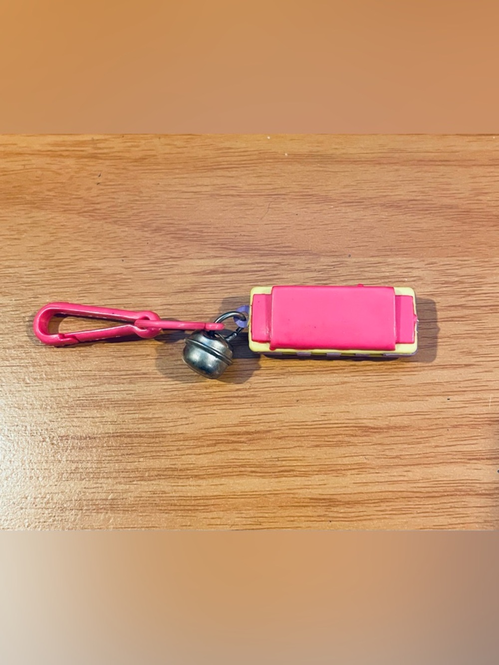 Vintage 1980s Plastic Bell Charm Harmonica Pink, Purple & Yellow 80s Necklace